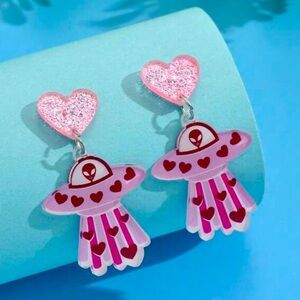 SALE Retro Alien Pink Heart UFO Valentines Earrings